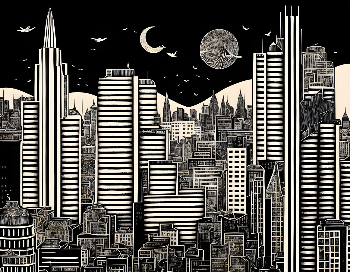 Monochrome cityscape night illustration with skyscrapers, crescent moon, stars, and flying birds