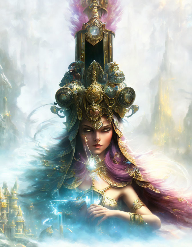 Illustrated fantasy queen with elaborate crown and glowing crystal in mystical foggy background