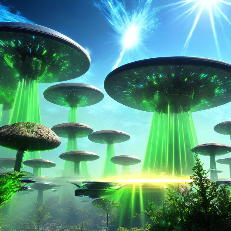 Futuristic forest with towering mushroom structures emitting green light.