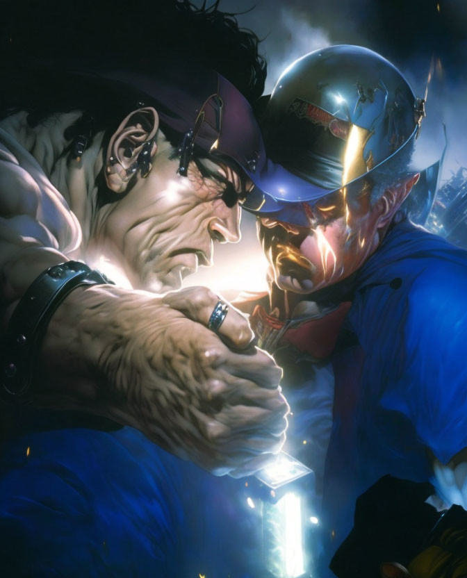 Male comic book characters in intense close-up confrontation with armored suit and glowing fist.