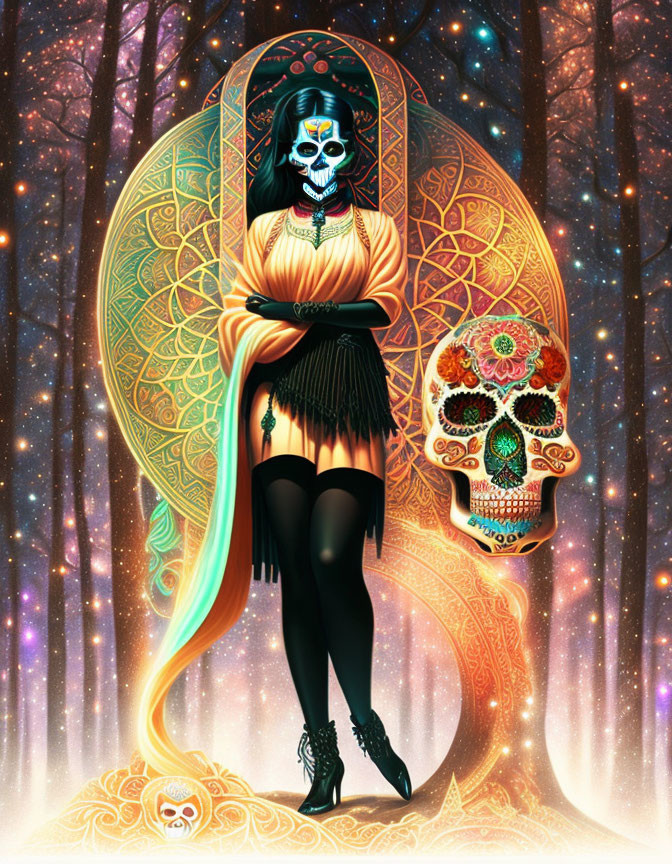 Colorful Woman with Skull Face in Black Dress & Heels, Mandala & Cosmic Background