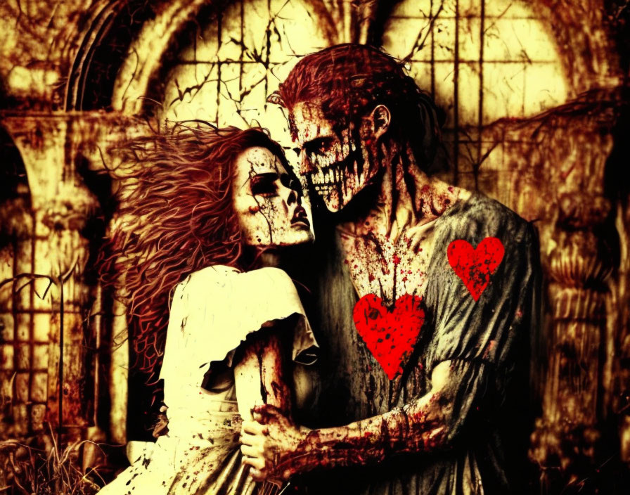 Two individuals in zombie makeup with red hearts hugging in front of a creepy building.