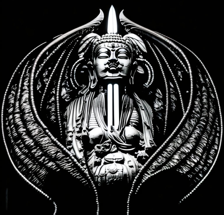 Symmetrical black-and-white illustration of ornately decorated figure surrounded by flame-like patterns