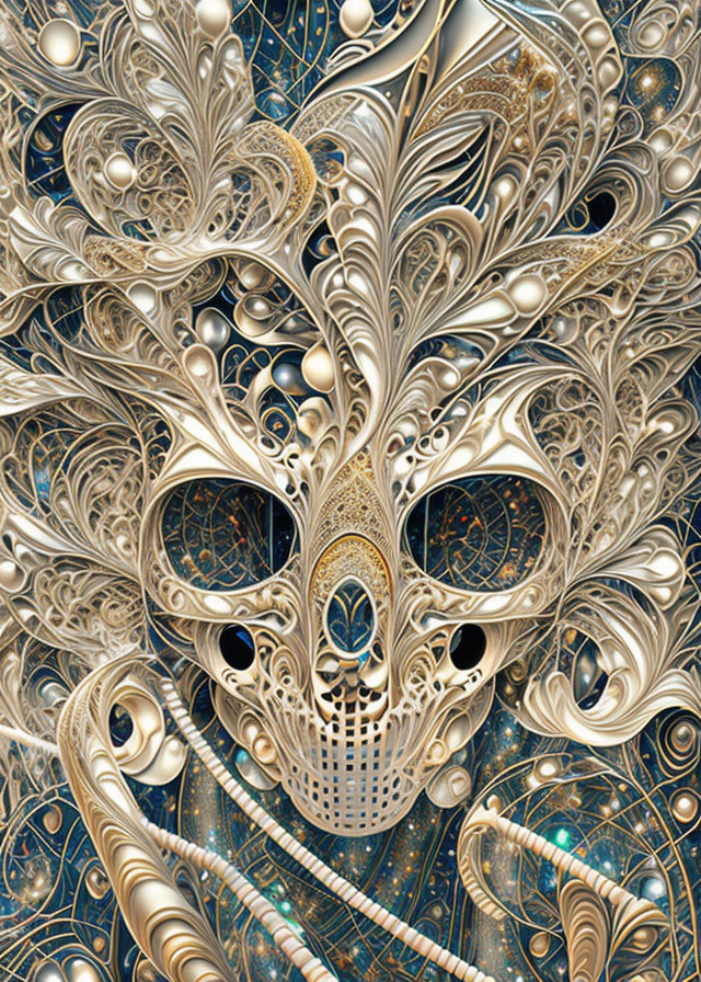 Golden fractal art mask with intricate patterns on deep blue background