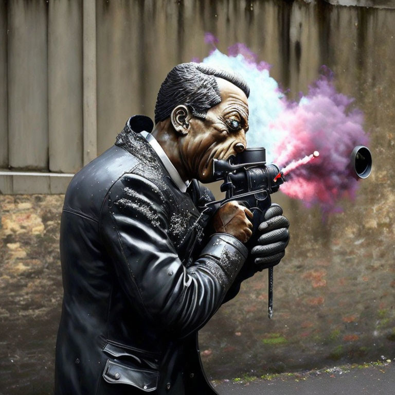 Colorful graffiti artwork of older man in suit firing paint gun on gray wall