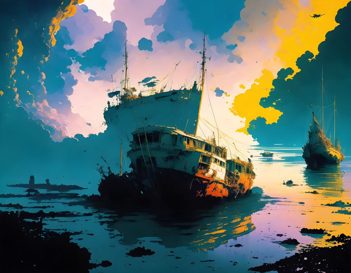 Colorful depiction of rusting shipwrecks in shallow bay with dramatic sky and water reflection