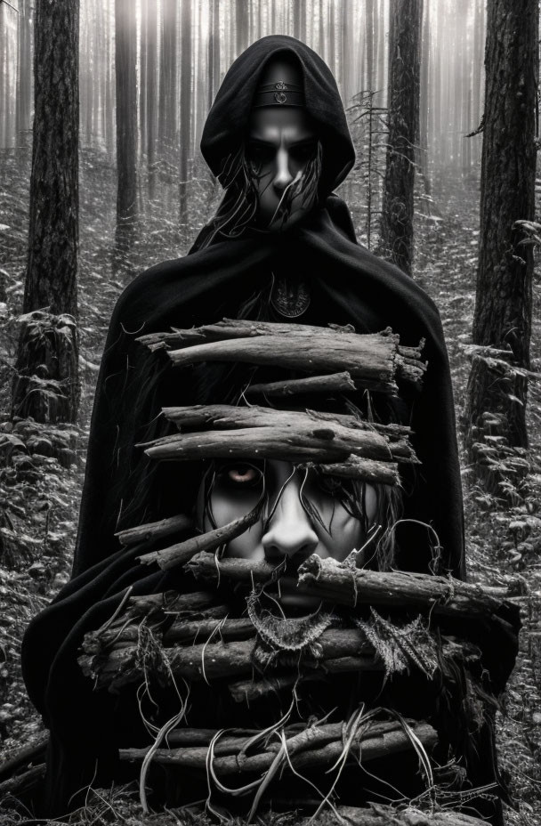 Mysterious figure in black cloak with eerie mask in foggy forest