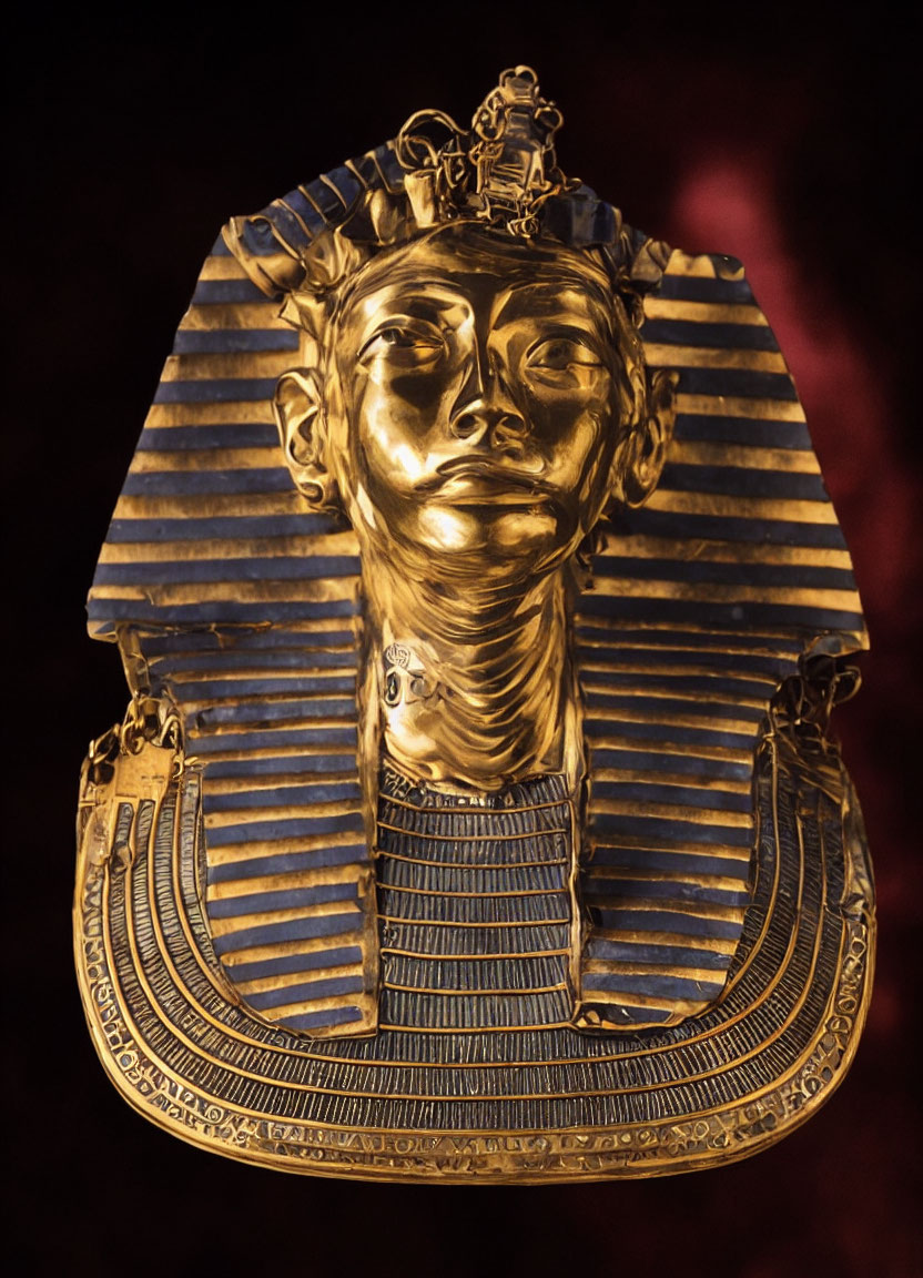 Golden Mask with Lapis Lazuli Patterns on Headdress on Dark Background