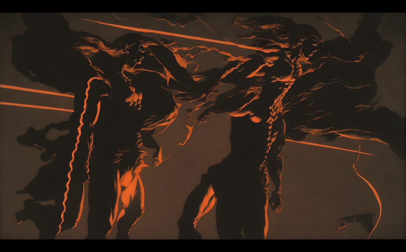 Muscular figures in dynamic poses with flowing hair and exaggerated shadows in monochromatic reddish tone