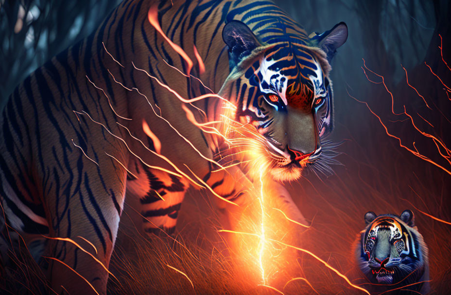 Majestic tiger in mystical forest with glowing outlines and fiery orb gaze