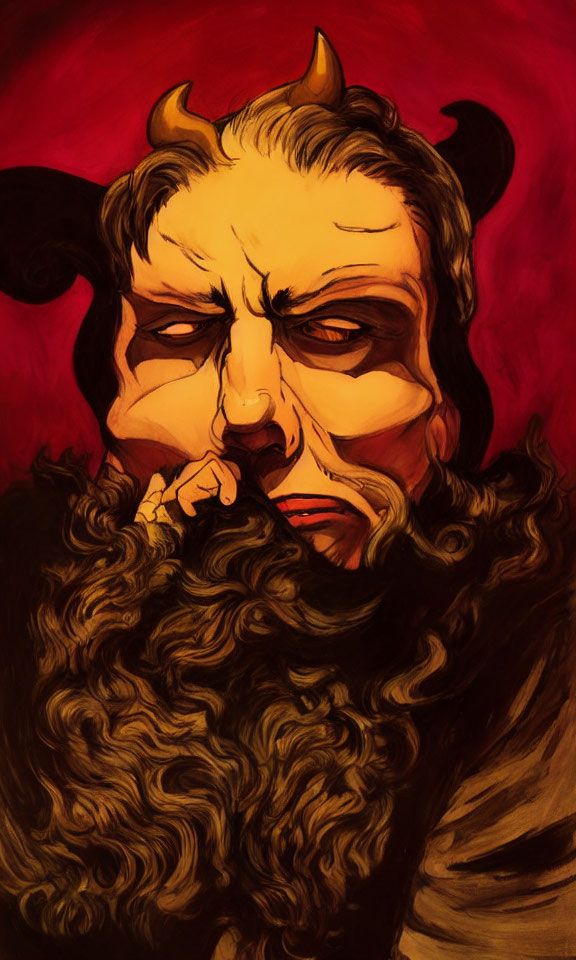 Man with Horns and Black Beard on Red Background: Mythological Illustration