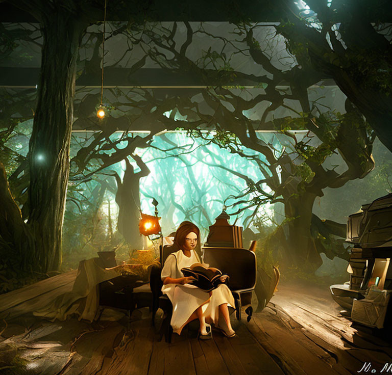 Woman reading by wood stove in cozy forest setting with lamp light and scattered books.