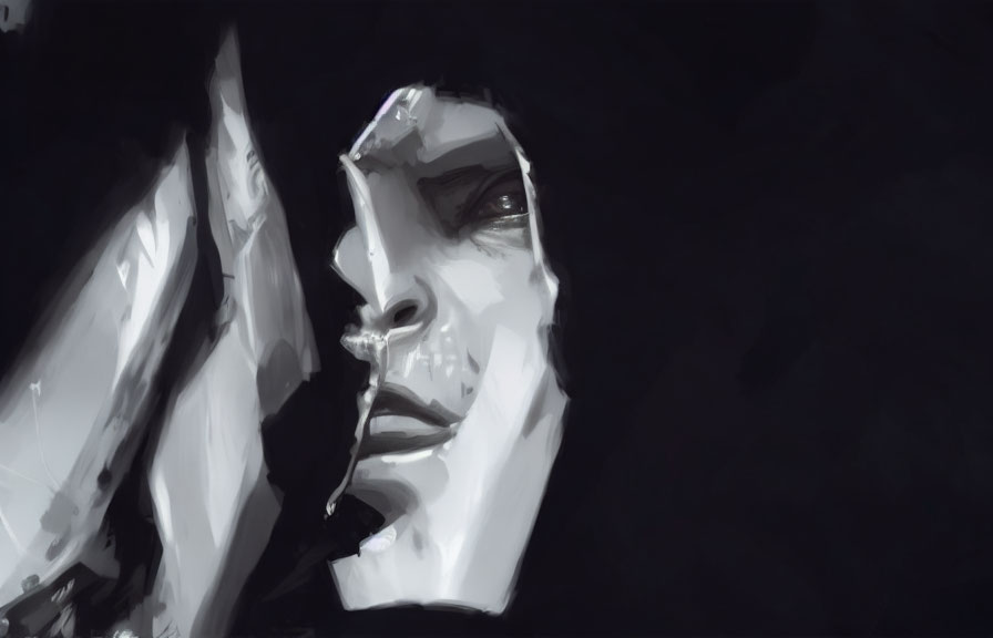 Grayscale digital painting of a person's face with sharp features and strong light and shadow contrast.