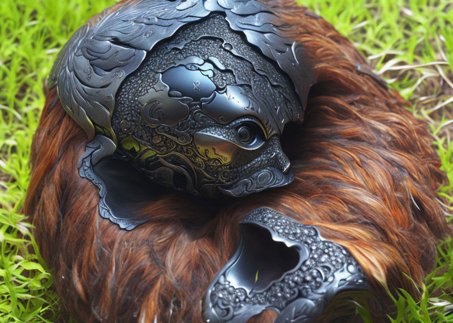 Intricate Metal Helmet and Brown Furry Garment on Grass