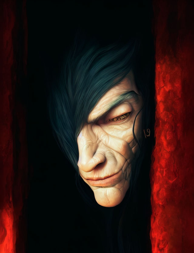 Sinister face with teal hair on dark, red background