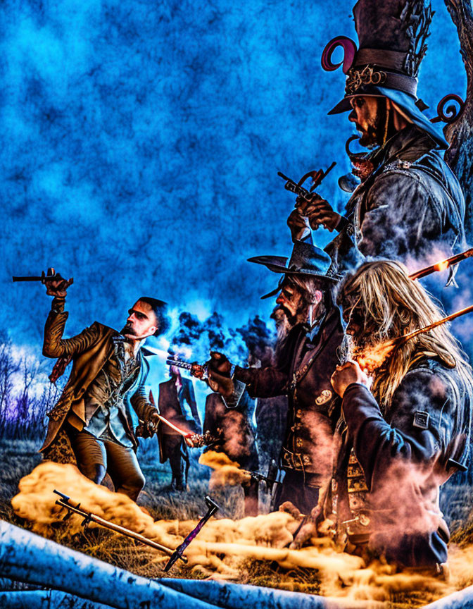 Four individuals in vintage costumes with weapons in dramatic setting