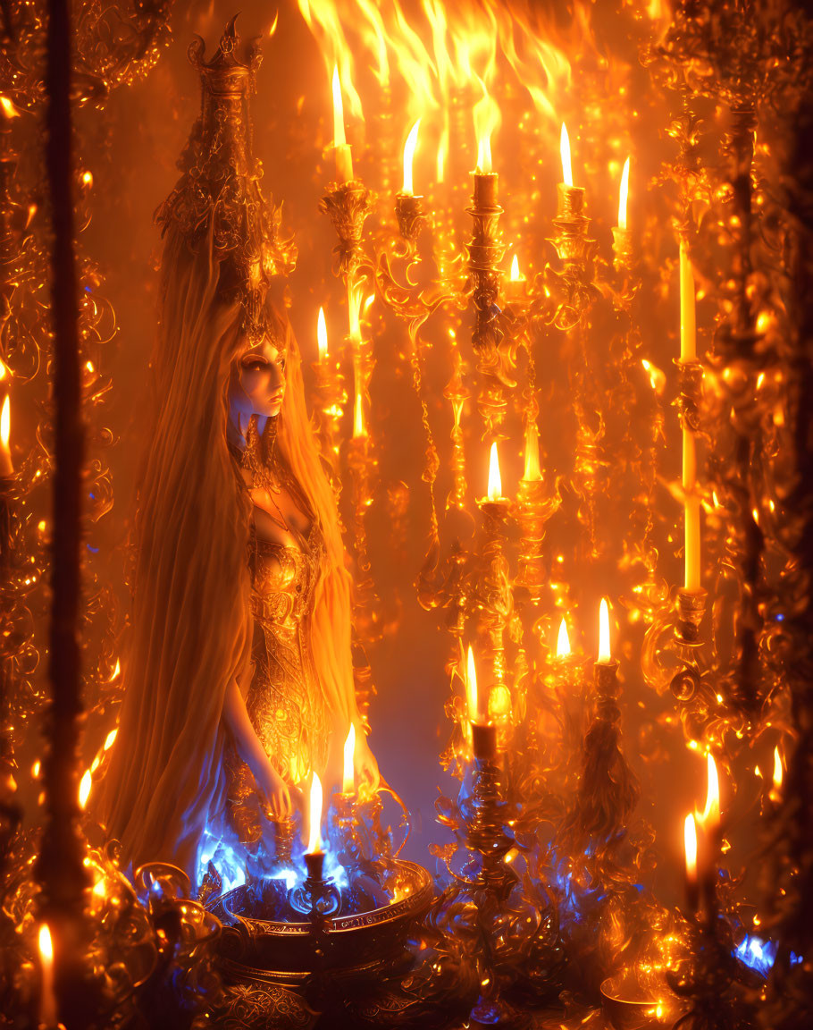 Robed Figure in Mystical Setting with Ornate Candles