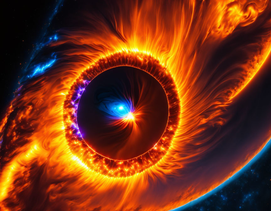 Vibrant fiery eye-shaped nebula in electric blue and swirling orange flames