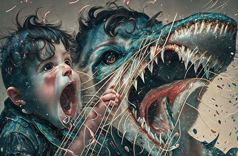 Surreal artwork blending baby's face with dinosaur mouth