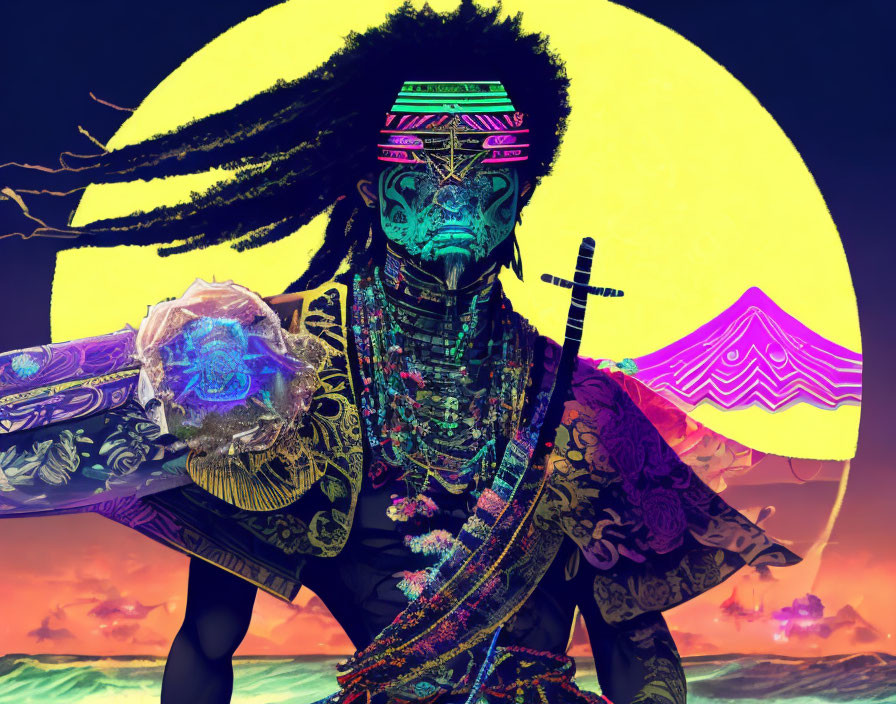 Stylized samurai with vibrant mask and ornate armor against sun and mountain backdrop