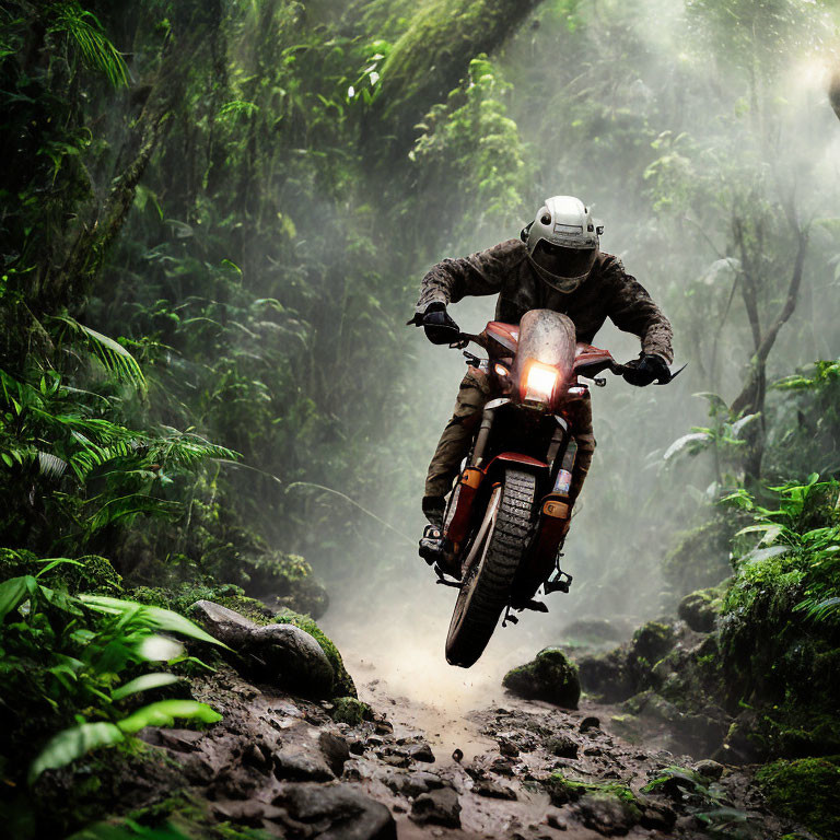 Motorcyclist riding through misty green forest trail at night