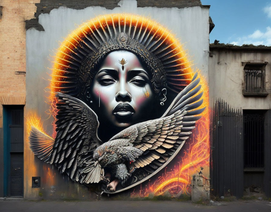 Celestial being mural with halo, ornate headgear, and wings on urban wall.