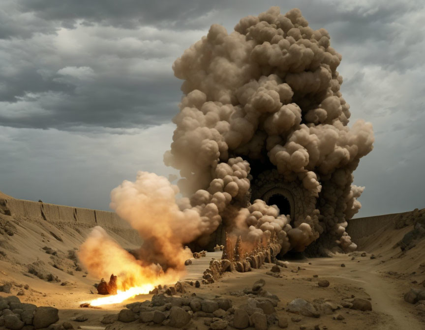 Massive desert explosion with fiery plumes and thick smoke billows