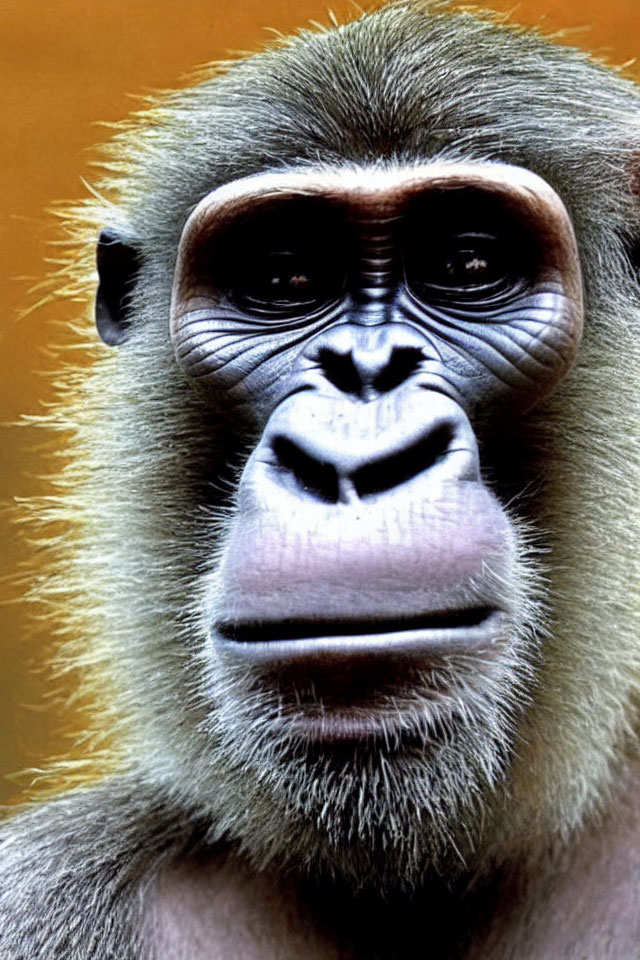 Detailed Close-Up of Gorilla's Thoughtful Face on Orange Background