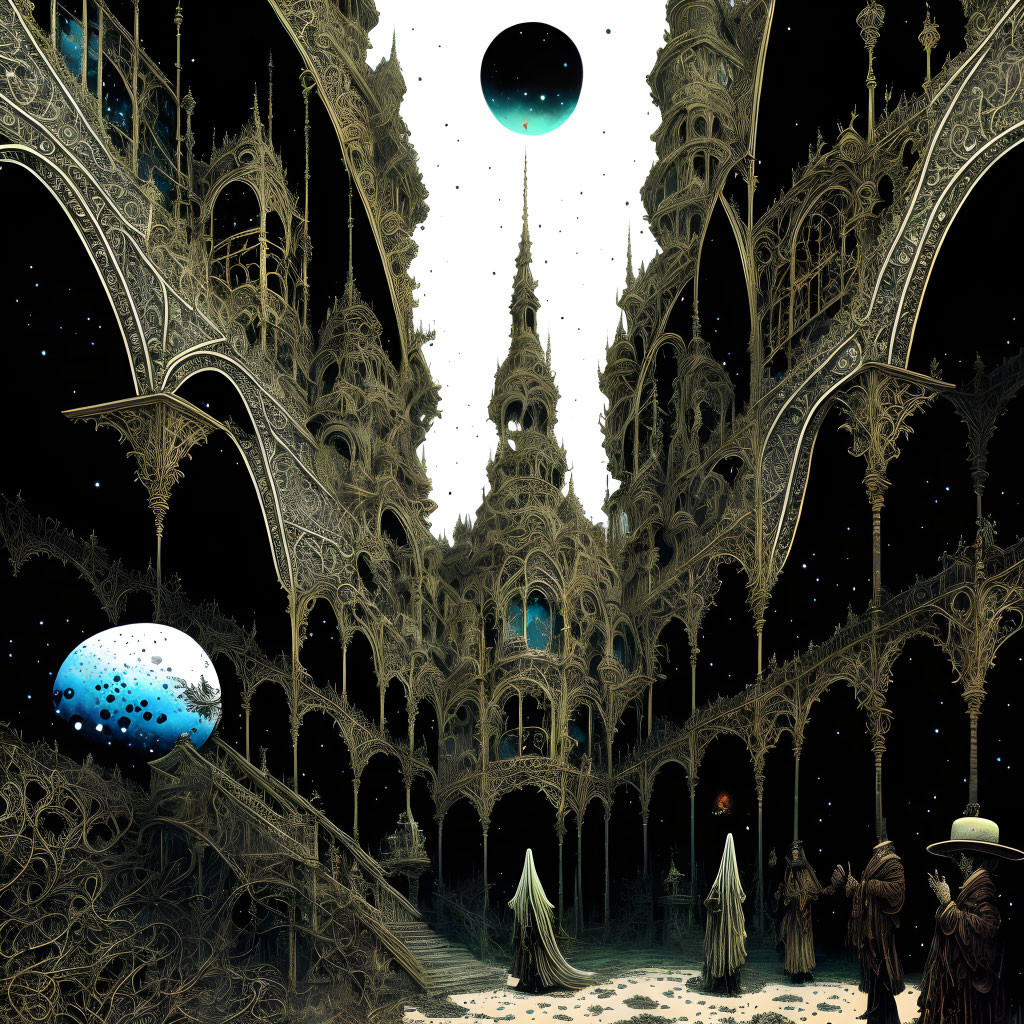 Gothic architecture and celestial bodies in a mystical night scene