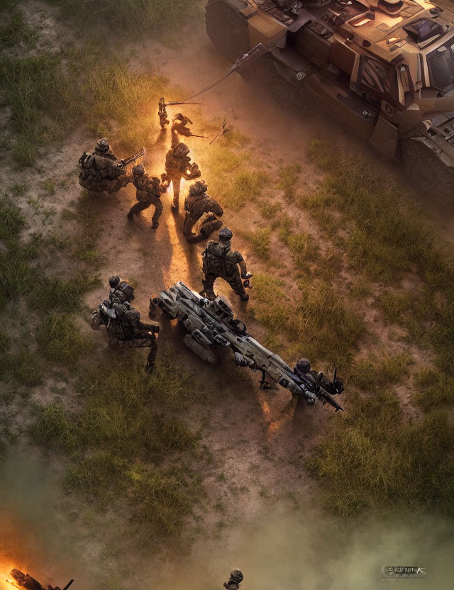 Military soldiers in combat gear with heavy weapon at dusk near a fire