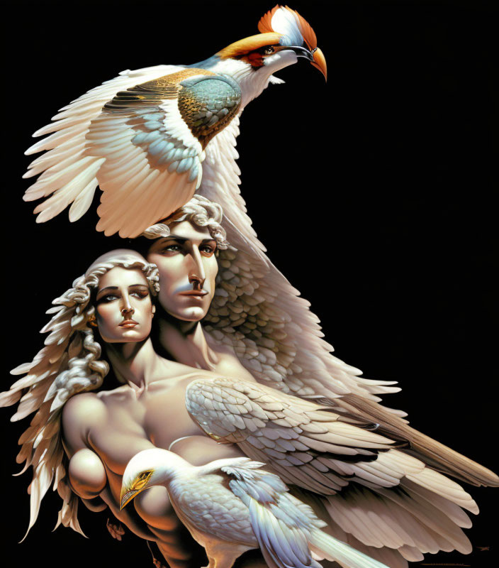 Stylized angelic winged figures with serene expressions and a colorful bird.