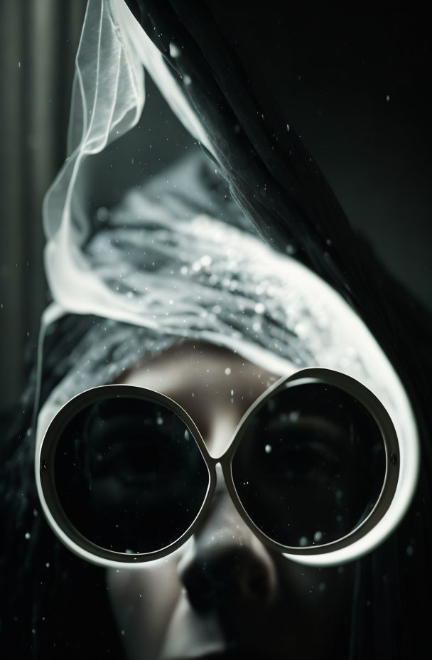 Person in oversized round sunglasses with feather on top against dark, rainy backdrop