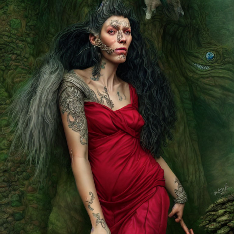 Fantasy artwork: Woman with black hair, tattooed arms, red dress, mystical gaze