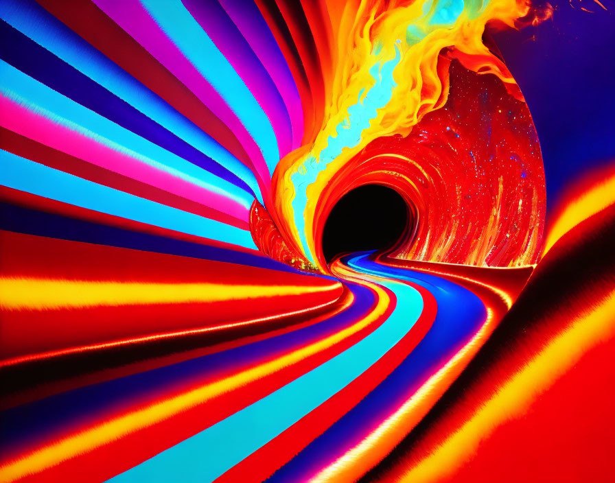 Colorful Spiraling Tunnel with Red, Blue, and Yellow Flame-like Patterns