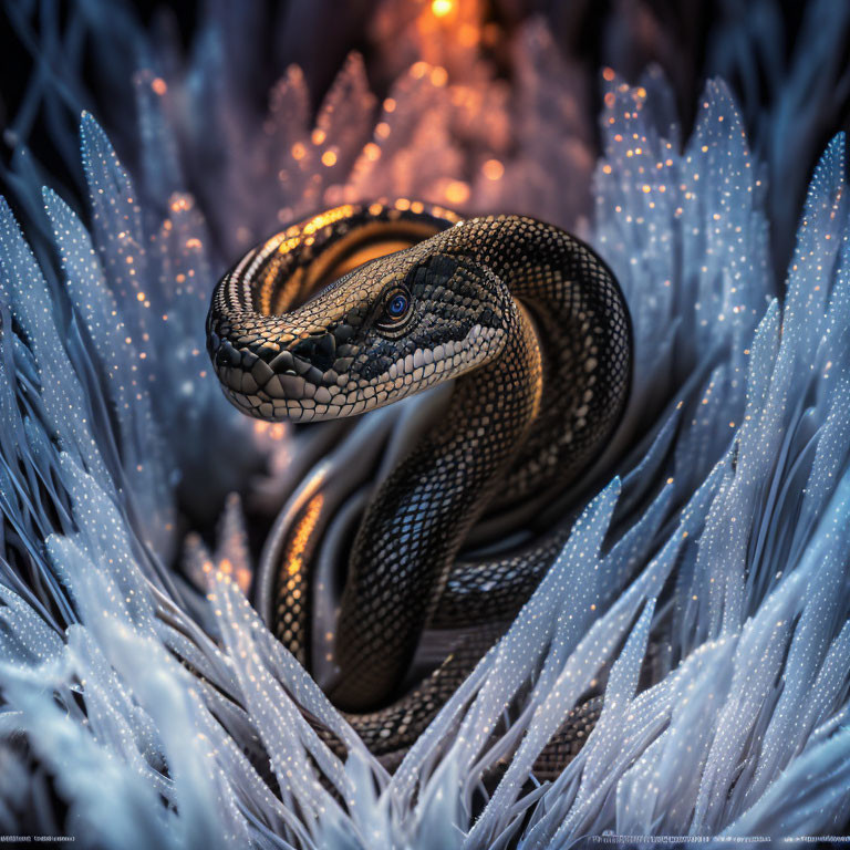 Snake slithers through shimmering foliage in mystical scene