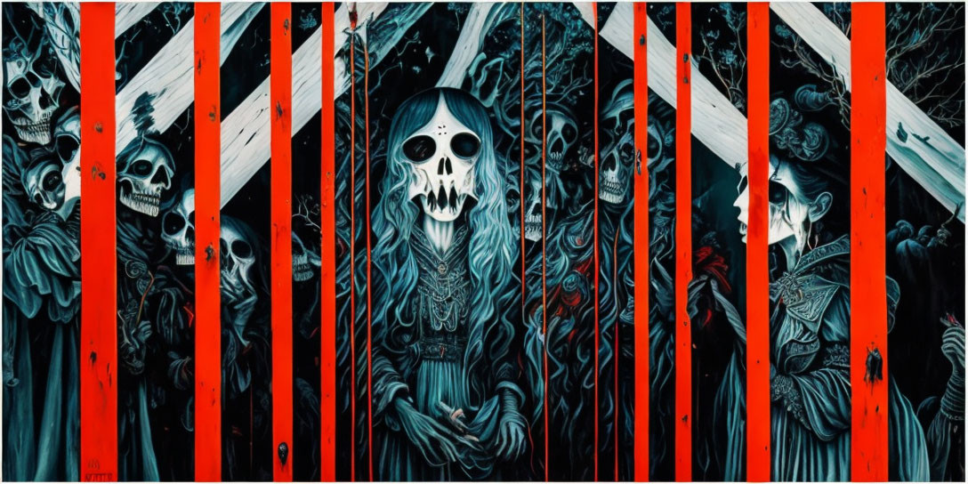 Skull and ghoulish figures mural with red and white stripes