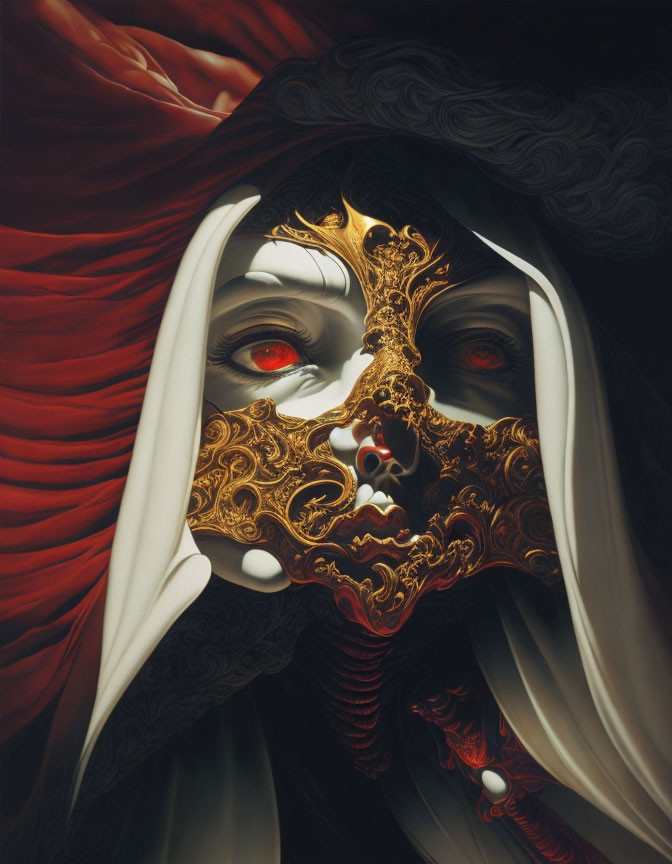 Detailed gold and white mask with red eyes on dramatic red and black fabric