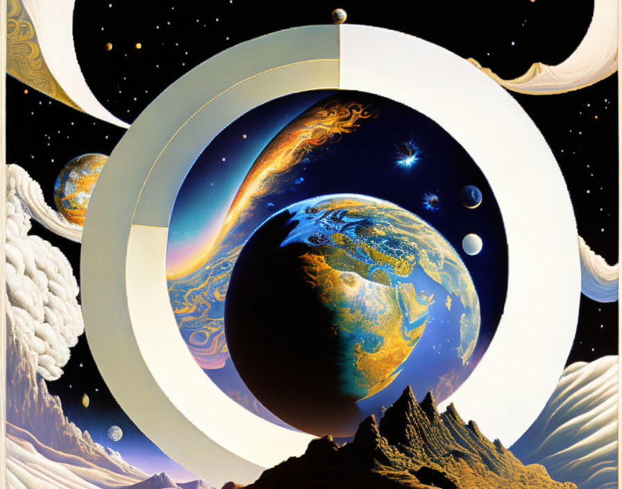 Surreal cosmic artwork: Earth, moon phases, galaxies, and stars in concentric circles on