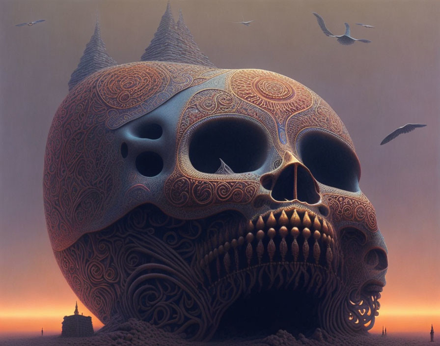 Fantastical skull with castle structure under dusky sky