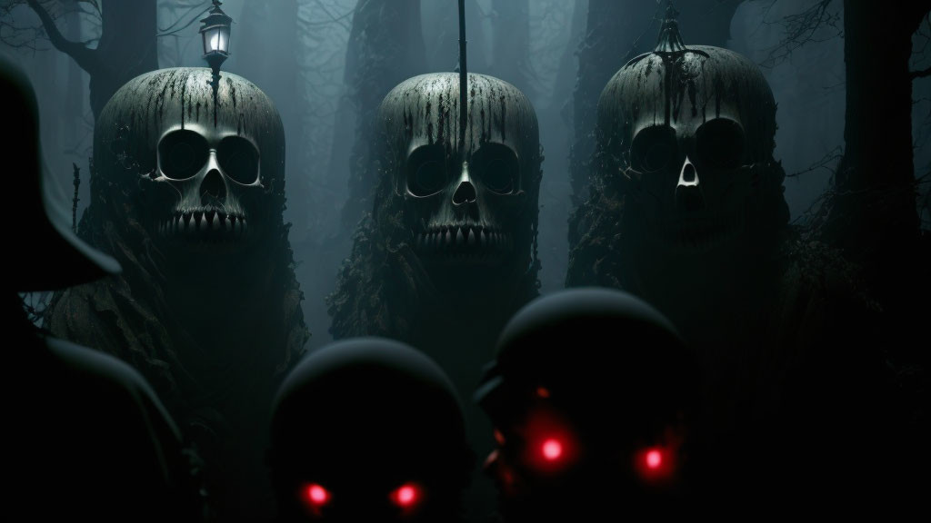 Pumpkin skull figures with glowing red eyes in misty forest at night