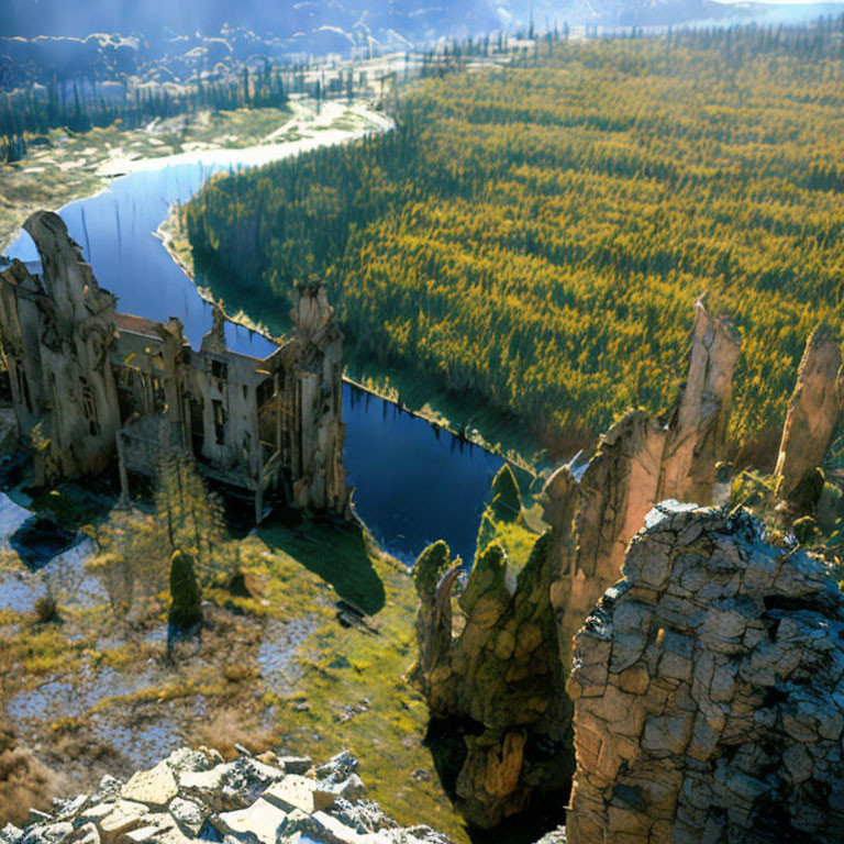 Ancient structure ruins on rocky terrain with forest and river - clear blue sky