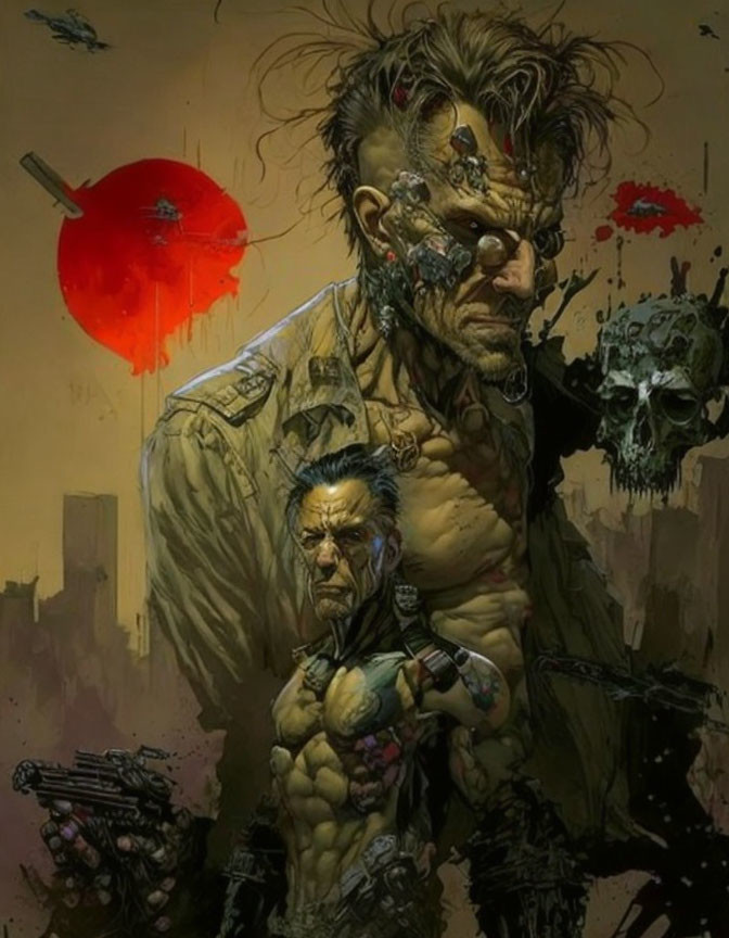 Muscular characters with cybernetic enhancements in post-apocalyptic setting.