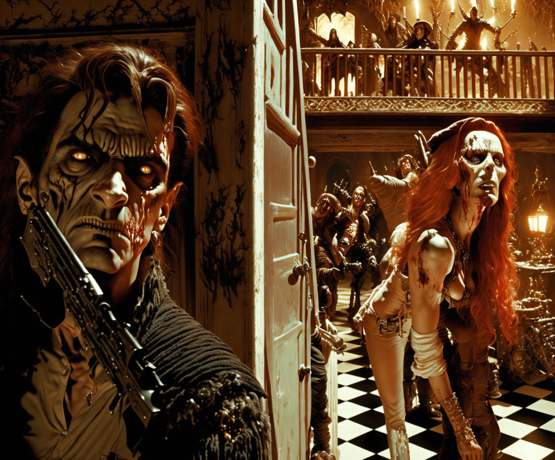 Gothic setting with sinister figures in vampire makeup and weapons