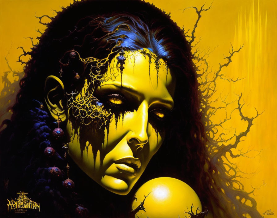 Surreal portrait of woman with dark hair and golden patterns on yellow background