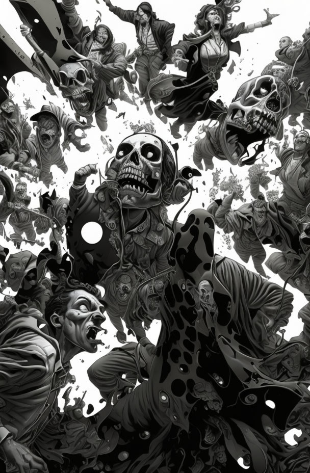 Monochromatic crowd illustration with terrified expressions and zombie-like figures in chaotic scene, featuring a central skeletal