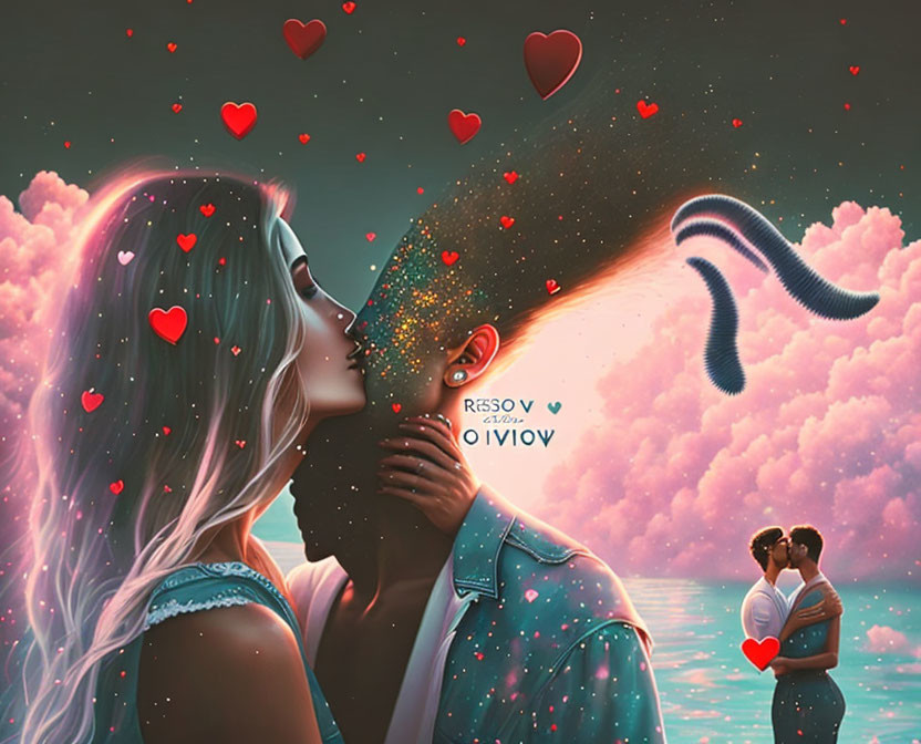 Romantic couple kissing under pink sky with floating hearts.