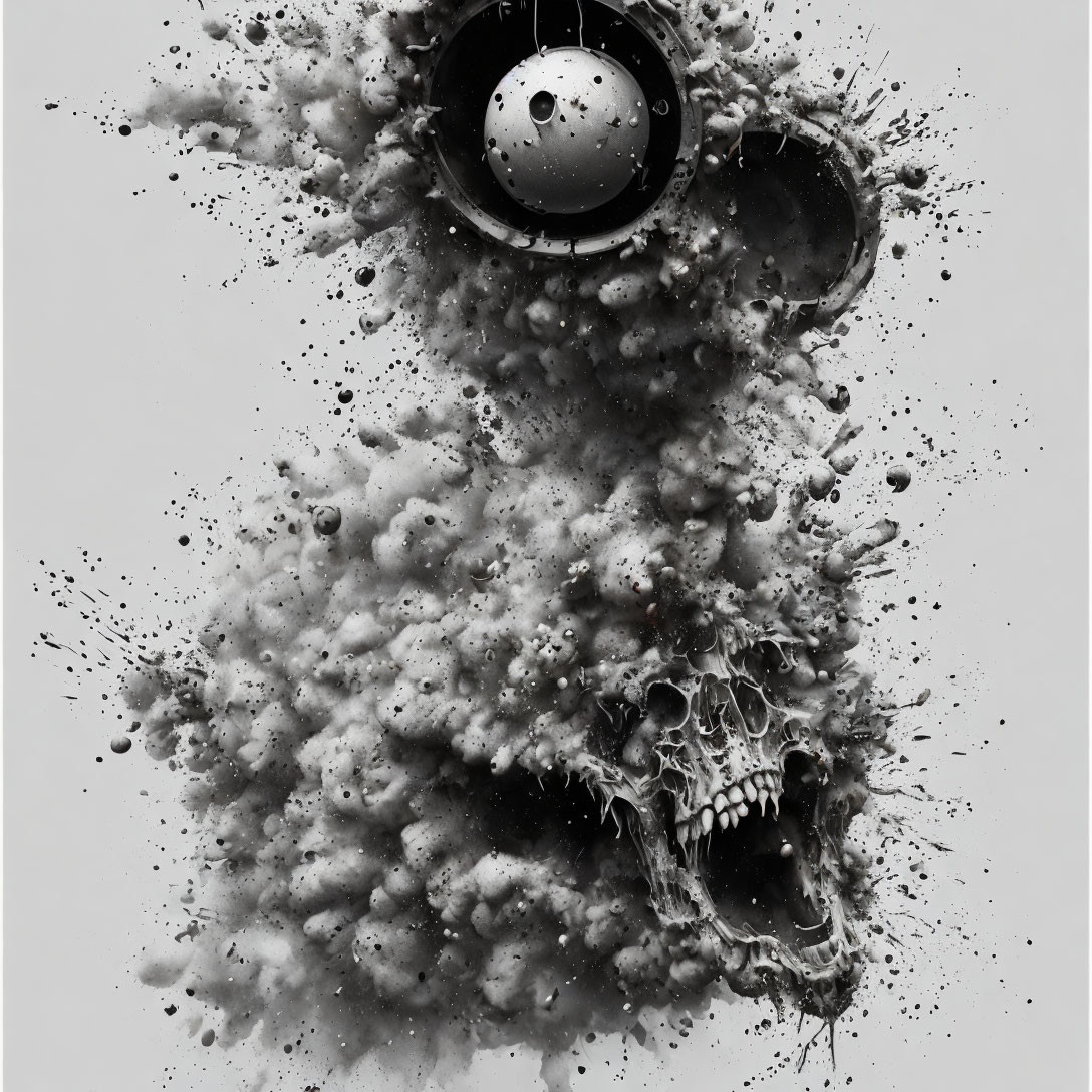 Monochromatic skull art with exploding elements and one intact eye