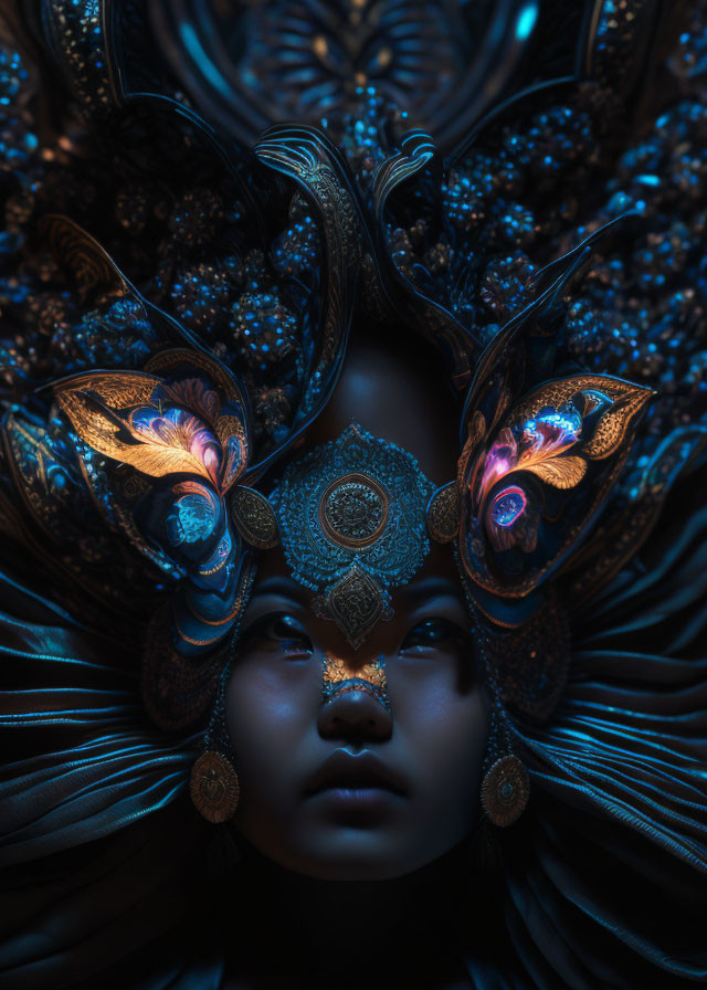 Enigmatic portrait with dark ornate headdress and ethereal blue-gold accents