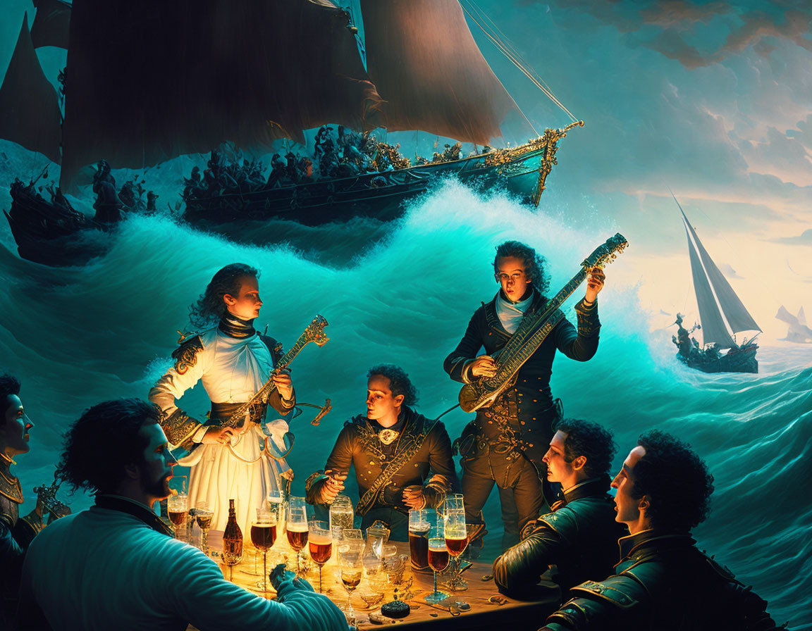 Elegantly dressed group with musical instruments on stormy seas.