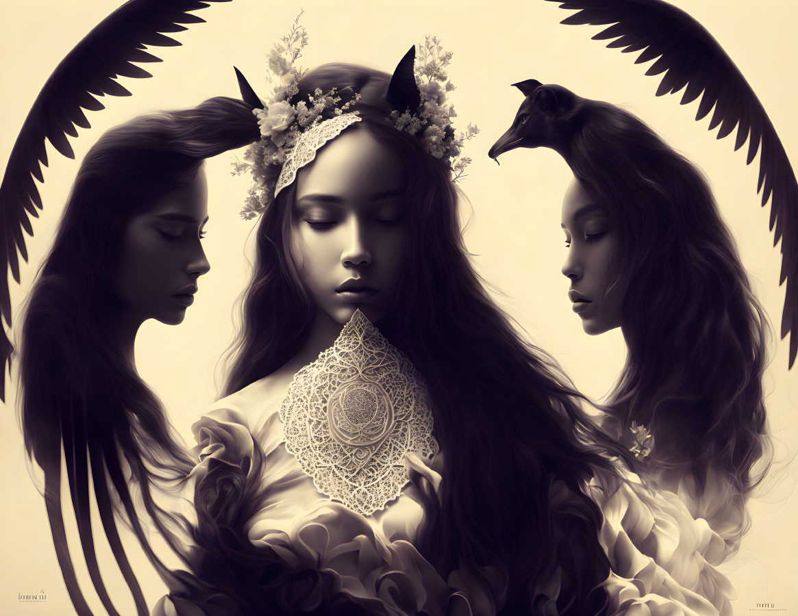 Fantasy-themed illustration with central female figure and winged profiles